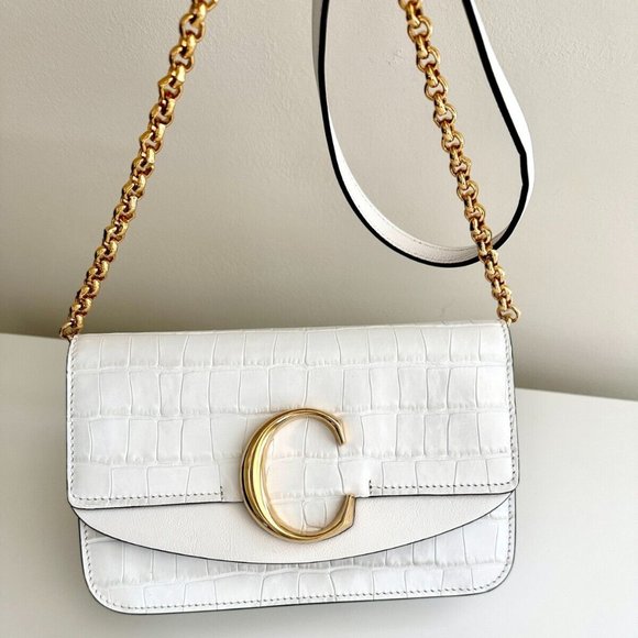 CHLOE C White Croc-Embossed Leather Shoulder Chain Bag - Picture 1 of 13